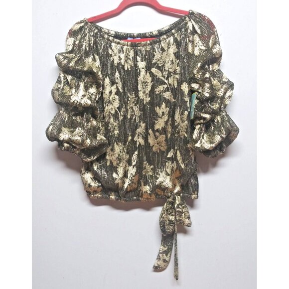 NWT CeCe Womens top Sz S shimmery gold black Party metallic blouson off shoulder - Picture 11 of 11